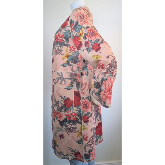 Solitaire Duster Jacket Medium Pink Floral Faux Suede Open Front Pockets Boho - Picture 6 of 12